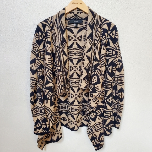 Forever 21 tan black waterfall cardigan sweater tribal print boho size medium - Picture 2 of 16